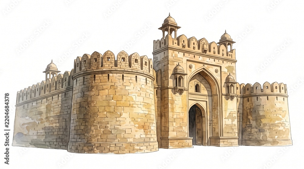 Obraz premium watercolor illustration of historic mughal fort gate red fort