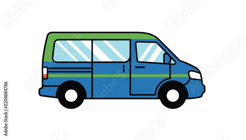 Blue transport van with green roof and windows, shown from the side in a simple flat cartoon vector style.