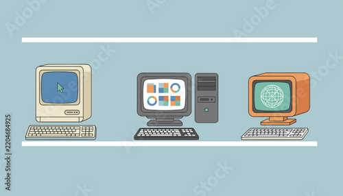 Vintage computers from different eras arranged on white shelves against a blue background, in pixel art style.