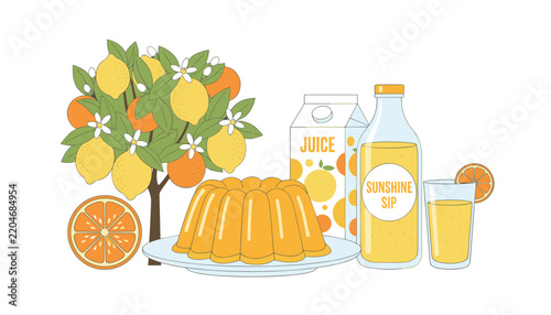 Lemon tree with fresh fruits, orange slice, lemon pudding, and juice bottle with sunshine sip label.