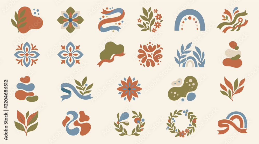Obraz premium Set of boho style abstract shapes and floral elements with leaves and rainbows in muted earth tones for modern design projects
