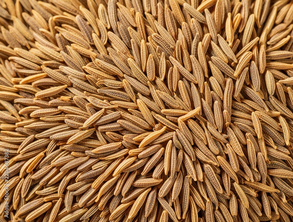 Obraz premium Macro view of dry cumin seeds. Brown aromatic spice pile creates textured background for cooking. Organic herbal seasoning texture covers entire frame. Culinary ingredient for indian food,