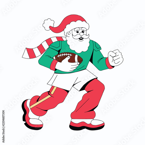 Santa Claus running with football in festive holiday sportswear during winter season