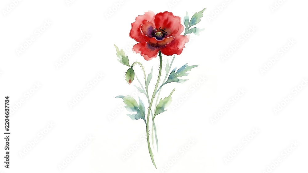 Obraz premium Red Poppy Flower Watercolor Illustration on Clean White Background