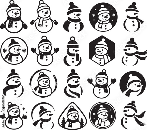 Snowman Logo Collection Set, Christmas Winter Character Icons and Holiday Vector Symbols