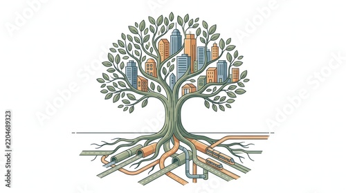 Conceptual illustration of a large tree transforming into city buildings, with roots becoming roads and underground infrastructure, symbolizing sustainable urban development.