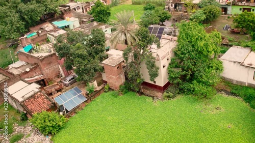 Aerial view of solar panels on rural rooftops in Farrukhabad Uttar Pradesh India