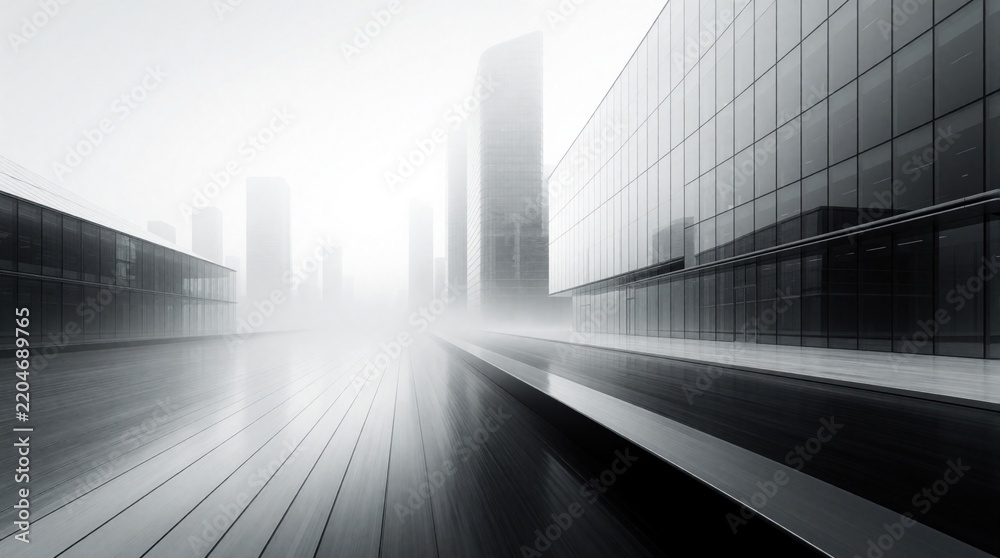 Obraz premium Black and white photo view of a wide street passing modern glass skyscrapers in fog. Buildings reflect light on wet pavement suggesting a busy urban area.