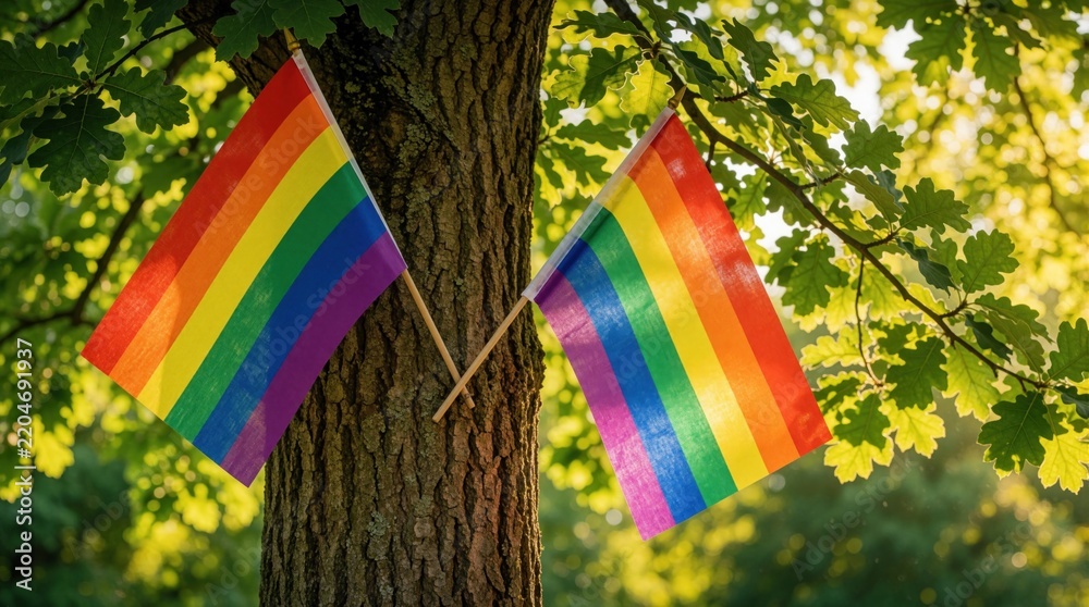 Obraz premium Two rainbow pride flags attached to oak tree trunk in green forest. LGBTQ community symbols hang on wood bark among summer leaves. Colorful lgbtq flags represent equality, diversity in natural