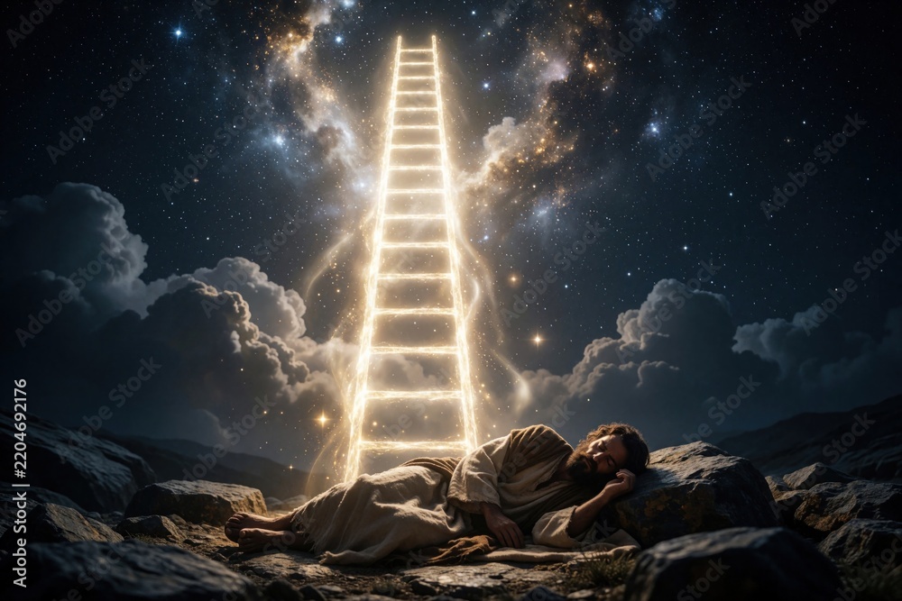 Obraz premium Biblical man Jacob slepic on rocky desert ground under starry night sky. Radiant light ladder rises toward heaven from dream. Divine spiritual vision shows holy connection between earth, celestial