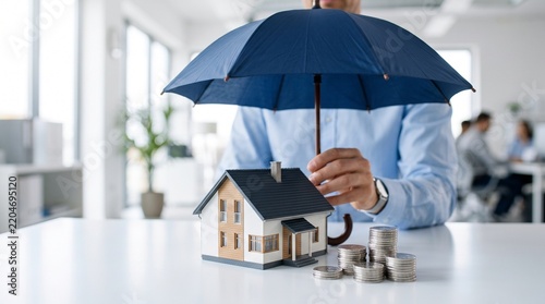 Home insurance protection concept featuring umbrella sheltering house investment