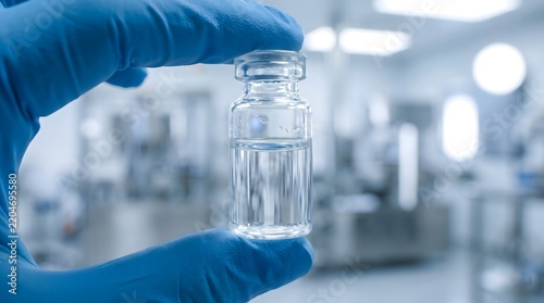 A gloved hand holding a small glass medical vial in a laboratory setting.