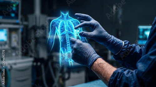 Medical professional interacting with a holographic human body scan in a modern operating room.