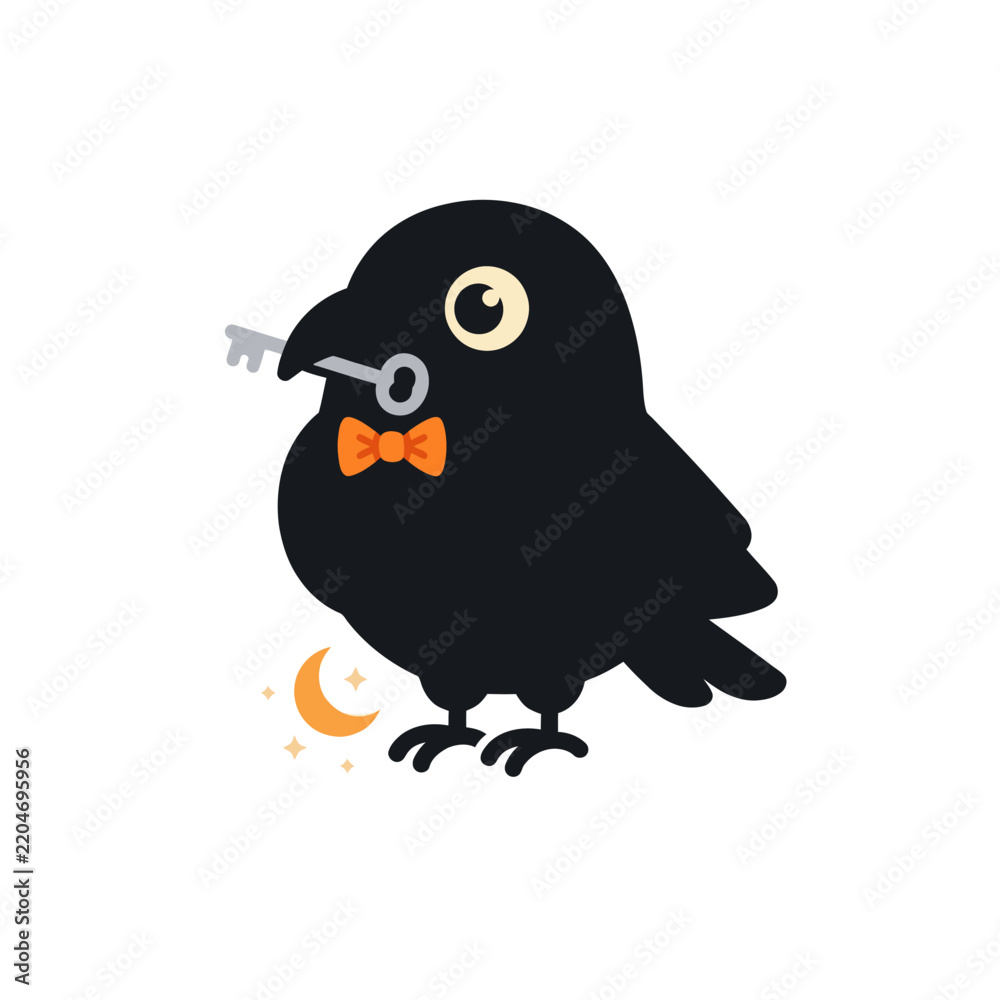 Fototapeta premium Black crow holding a key in its beak illustration.