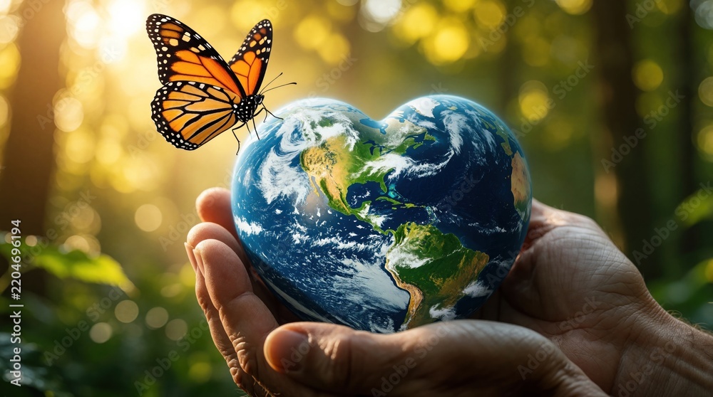 Fototapeta premium Human hands hold heart shaped planet earth in forest. Orange monarch butterfly sits on blue globe. Concept of nature conservation, ecology protection, global sustainability. Save world, care for