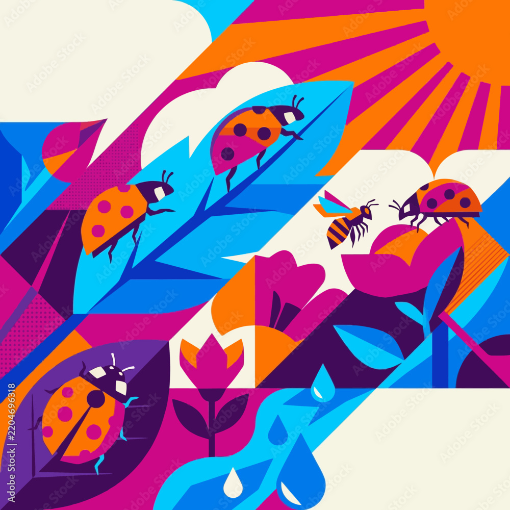 Fototapeta premium Colorful geometric illustration of ladybugs and a bee among stylized flowers and leaves under a bright sun