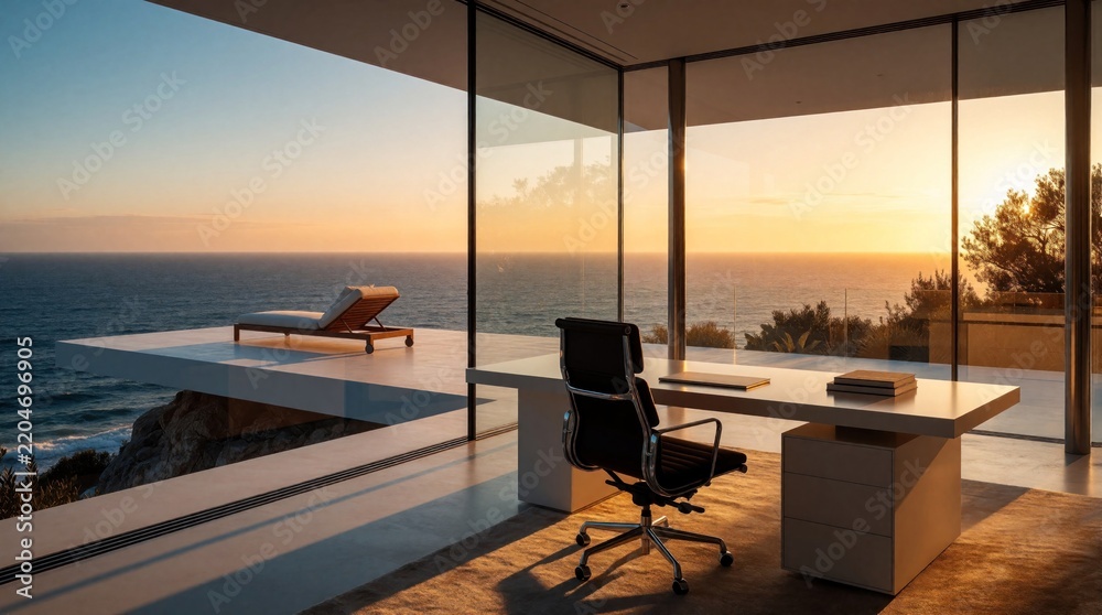 Fototapeta premium Modern home office with minimalist desk, chair. Large glass windows offer luxury ocean view at sunset. Contemporary workspace features terrace with lounge chair overlooking sea. Peaceful villa