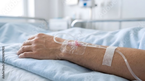 A caring medical professional or patient's arm resting on a hospital bed with an intravenous line securely attached.
