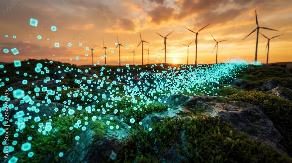 Fototapeta premium Wind turbine farm at sunset with glowing digital particles representing renewable energy innovation and smart grid technology for environmental sustainability reports and clean energy marketing.