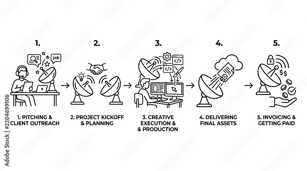 Fototapeta premium Illustrated infographic showing the stages of a creative project workflow.