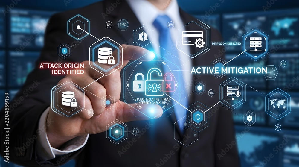 Obraz premium Corporate Cybersecurity Professional Monitoring Network Security Through Advanced Digital Interface Visualization