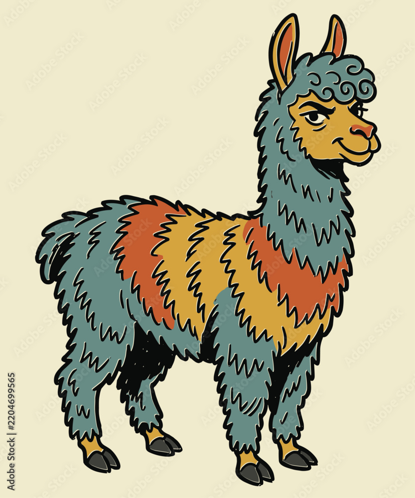 Obraz premium Hand drawn colorful llama illustration with artistic comic style and woolly texture