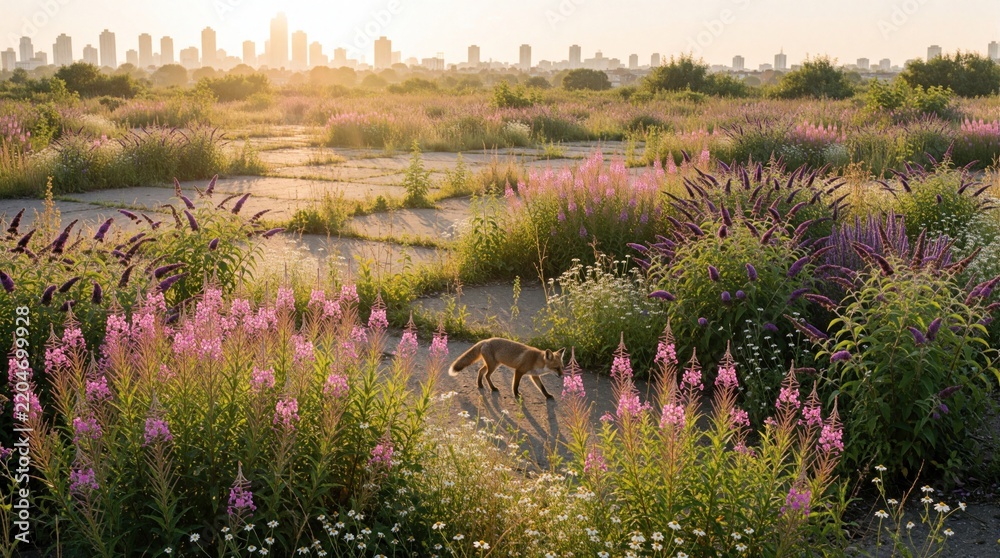 Fototapeta premium Red fox walks through wild urban brownfield site with pink flowers, green plants. Overgrown pioneer vegetation grows on old concrete slabs. City skyline appears in distant background at sunset during