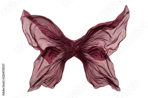 Flowing maroon chiffon fabric gracefully shaped into delicate butterfly wings, exuding an ethereal beauty and light, airy elegance