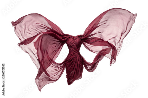Elegant burgundy silk sculpture flowing like a butterfly dress, floating red fabric design isolated on white background