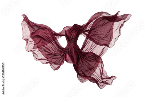 Elegant burgundy flowing chiffon fabric shaped like butterfly wings, crimson silk ribbon forming heart shape isolated on white background