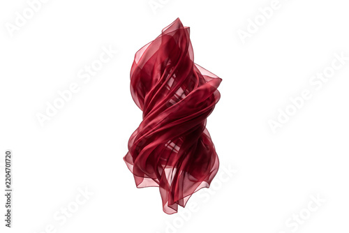 Floating twisted translucent red fabric architectural wave structure isolated on clean white background
