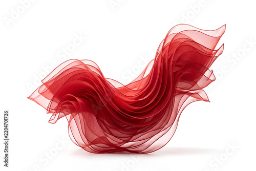 Graceful red translucent fabric sculpture in an abstract wave, showcasing fluid motion and delicate artistry against a clean white background