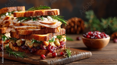 Stacked turkey leftover sandwich with cranberry sauce, herbs, and rustic bread on wooden board, festive Thanksgiving food still life