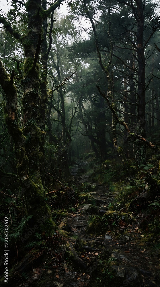 Obraz premium Misty old growth forest with towering mossy trees in a dense woodland environment