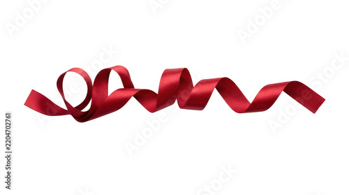 Elegant red satin ribbon swirl, flowing silk fabric band with smooth glossy texture and curved loops, decorative textile supply for gift wrapping and holiday, isolated on transparent background