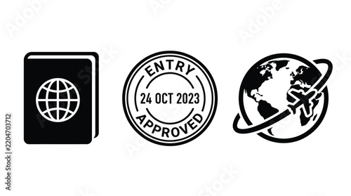 Passport Stamp Icon Set with Globe and Travel Illustration. Entry Approved Stamp Design, International Travel Concept. Vector Graphic Design.