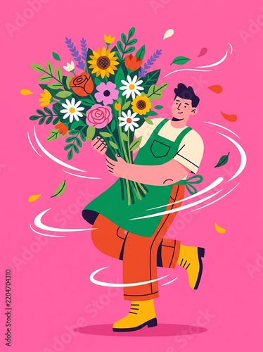 Happy Male Florist Carrying a Large Beautiful Bouquet of Summer Flowers Including Sunflowers Roses and Daisies on a Bright Pink Background Colorful Vector Illustration for Spring Concept