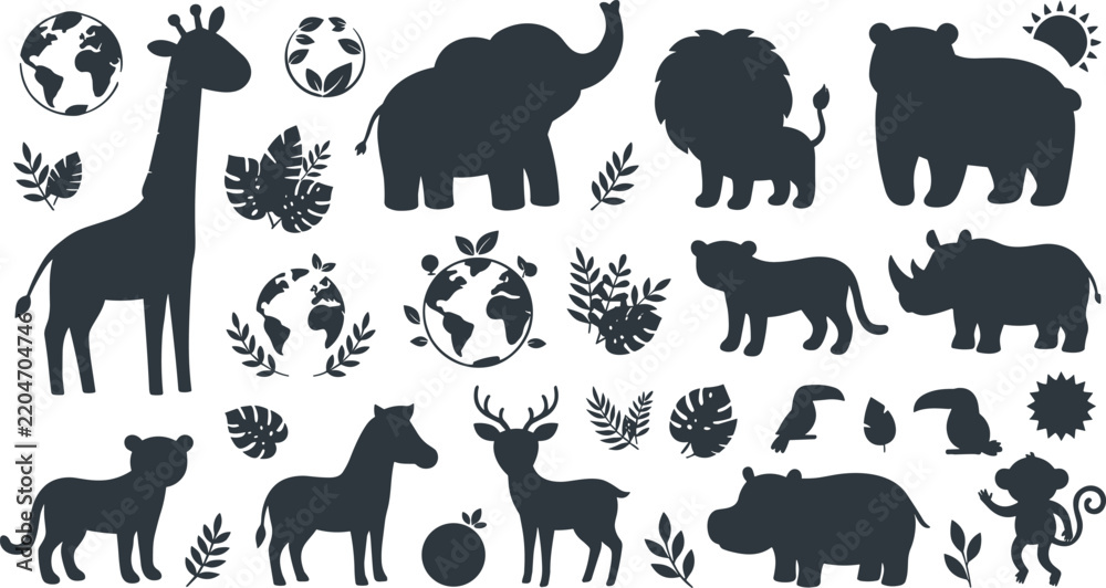 Obraz premium Wildlife Animal Silhouette Collection with Giraffe, Elephant, Lion, Bear, Rhinoceros, Deer, Hippo, Monkey, Globe Symbols, and Tropical Foliage