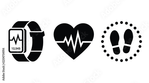 Wearable Tech Icons Set with Fitness Tracker, Heart Rate, and Steps Counter. Health Monitoring, Digital Wellness, and Activity Tracking Design.