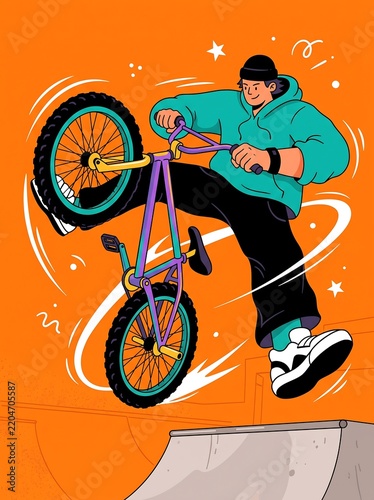 Vibrant Vector Illustration of a Young Male Athlete Performing an Energetic BMX Jump Trick at a Skate Park with a Bright Orange Background and Modern Urban Street Style for Sports Marketing