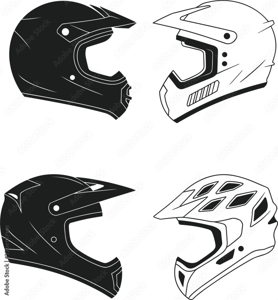 Obraz premium Minimalist black and white motorcycle helmets collection set, isolated motocross full face and mountain bike helmet vector illustration elements