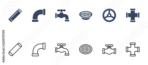 Plumbing pipes and valve icons vector illustration for professional water systems.