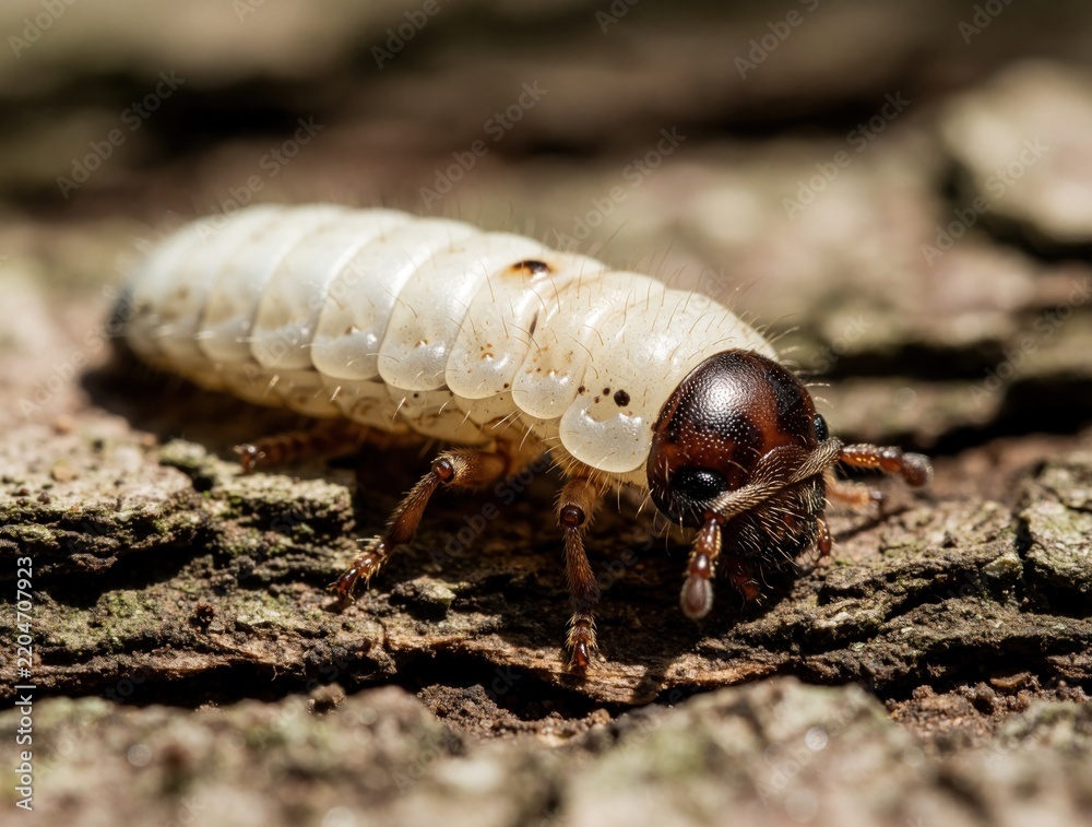 Fototapeta premium Close up view of a light colored beetle larva on rough wood surface. Insect crawls across bark texture. Macro photo shows insect life cycle.