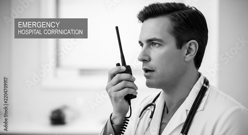 Focused emergency physician communicating vital information via radio in a hospital setting