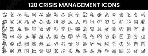 Set of 120 crisis management line icons, risk mitigation, emergency, risk management, disaster management, business continuity, editable storke, vector illustration