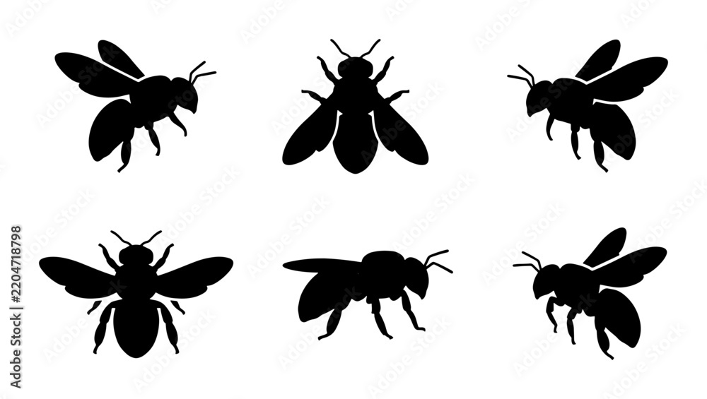 Fototapeta premium Six Black Bee Silhouettes, Vector Insect Icons, Flying and Crawling Poses, Minimalist Nature Graphics