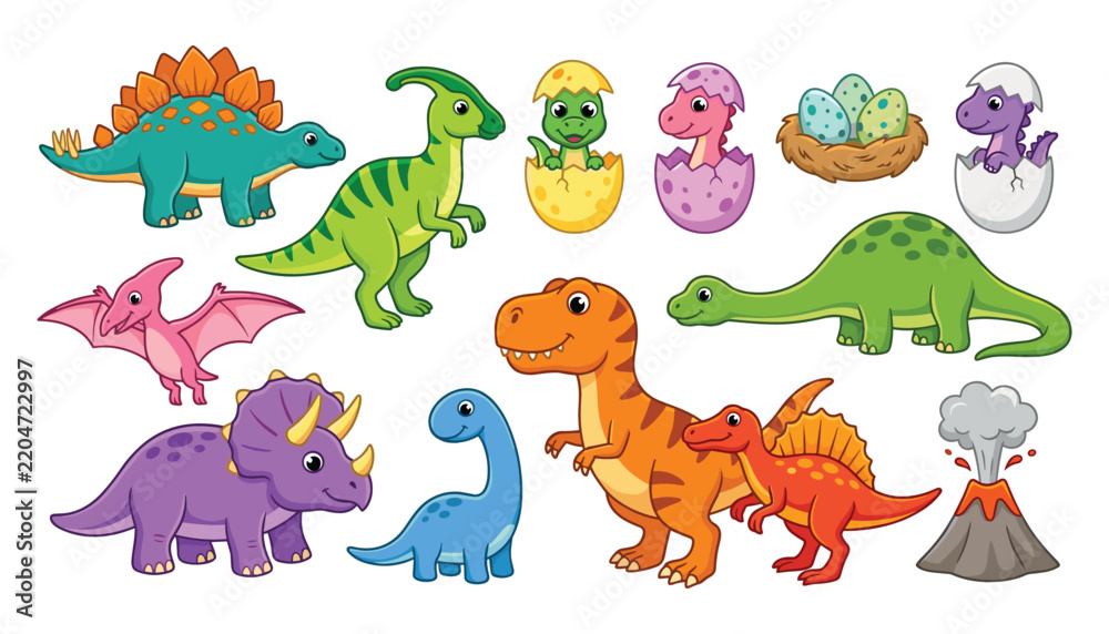 Obraz premium Prehistoric wildlife flat design vector icon collection featuring funny cartoon dinosaurs hatching eggs nest and erupting volcano graphics