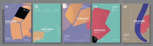 Abstract creative design posters featuring a collection of colorful geometric shapes and minimalist typography, representing modern graphic design, artistic concepts, and contemporary branding