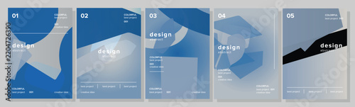 Set of five abstract blue and grey gradient design templates featuring geometric shapes, text, and numbers, creating a modern layout for brochures and covers