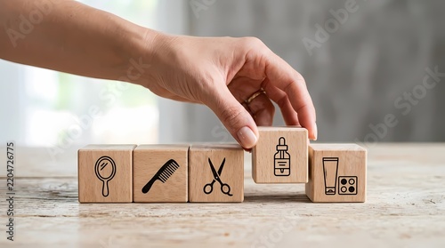 Hand placing a wooden block with a beauty serum icon
